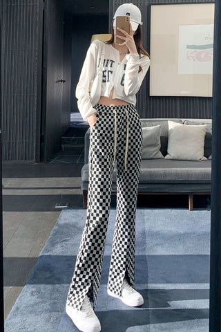 Slit Leg Retro Checkered Pattern Loose Pants