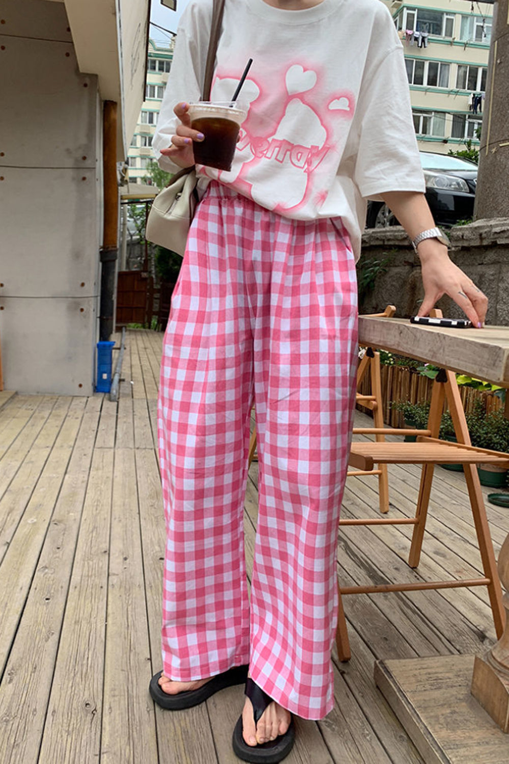 Pink Plaid Casual Long Pants