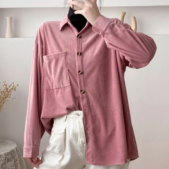 Button Up Solid Corduroy Loose Shirt