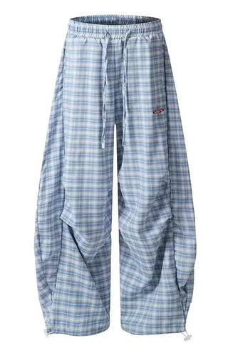 High Waist Loose Blue Plaid Wide Leg Pants