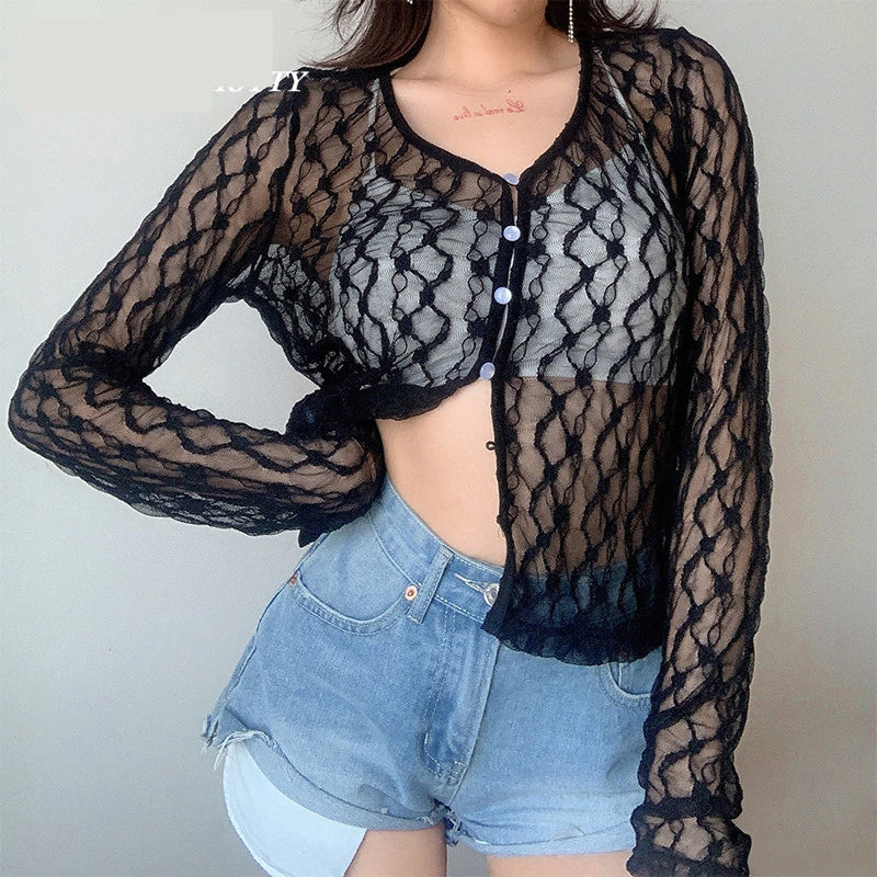 Sexy transparentes Langarmshirt aus Spitzennetz