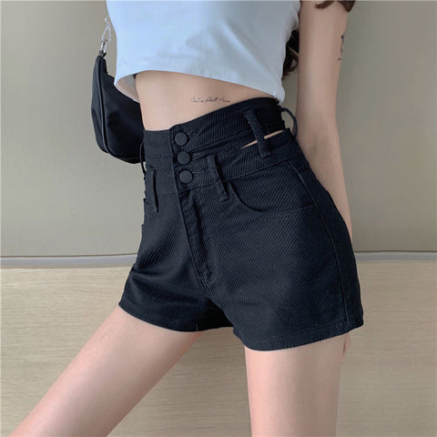 Jeansshorts mit hoher Taille und verlängertem Knopf 