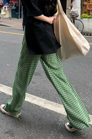 High Waist Green Plaid Loose Pants