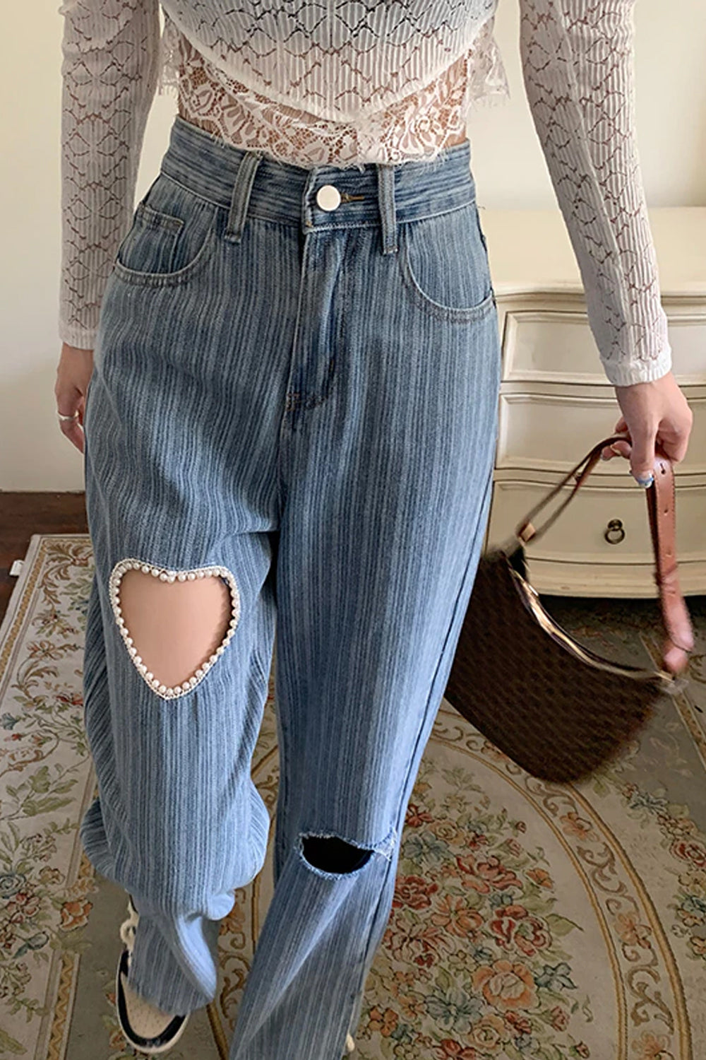 Heart Shaped Hole Wide Leg Denim Pants