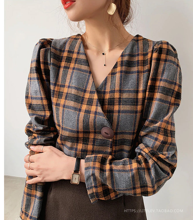 Sexy V-Ausschnitt Vintage Plaid Bluse Single Button Tops