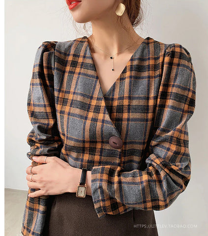 Sexy V-Ausschnitt Vintage Plaid Bluse Single Button Tops