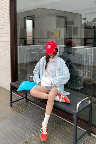 Long Sleeve Bear Pocket Embroidery Striped Blouse Shirts