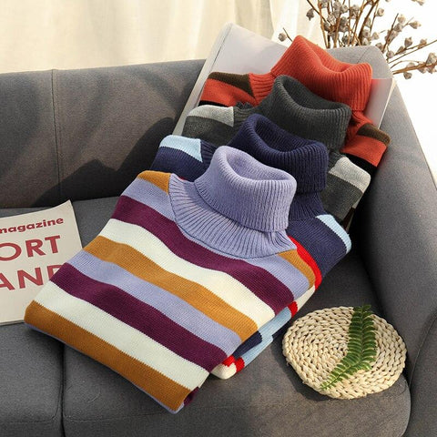 Turtleneck Contrast Color Striped Knitted Sweater