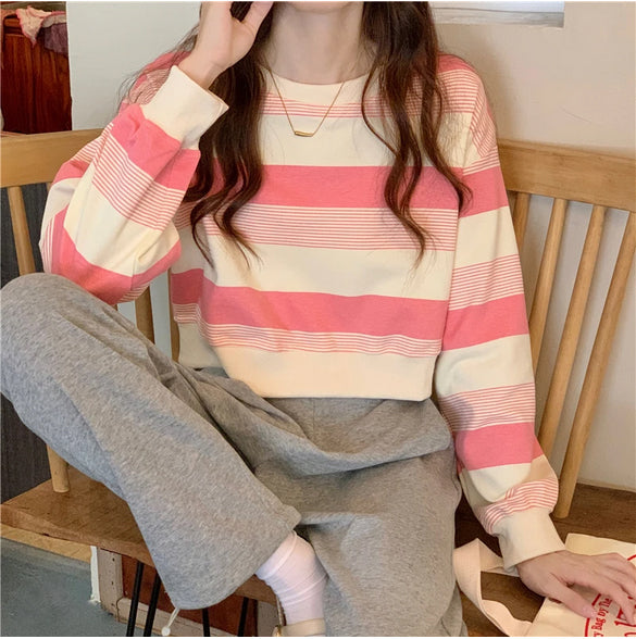 Long Sleeve Cute Colors Striped Cropped Sweater