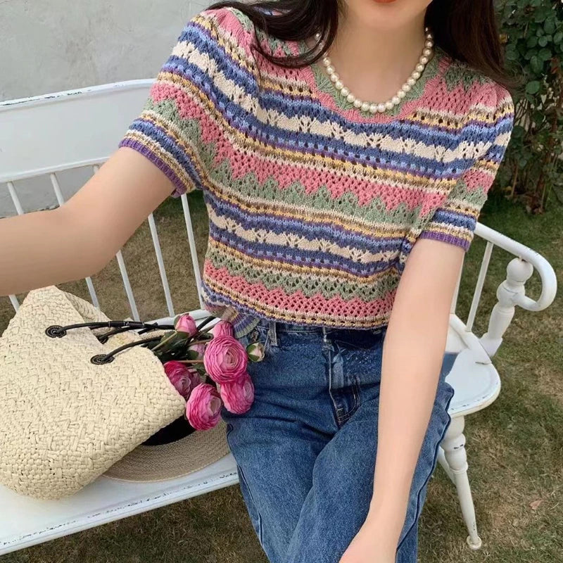 Retro Knitted Hollow Out Striped Slim Shirts