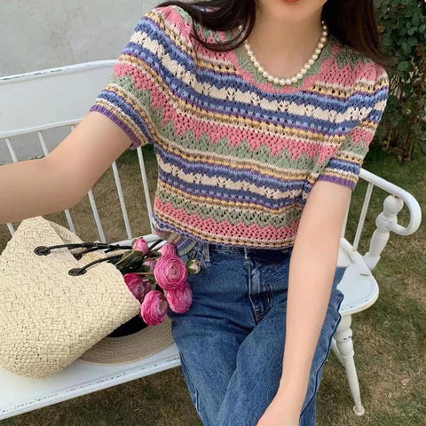 Retro Knitted Hollow Out Striped Slim Shirts