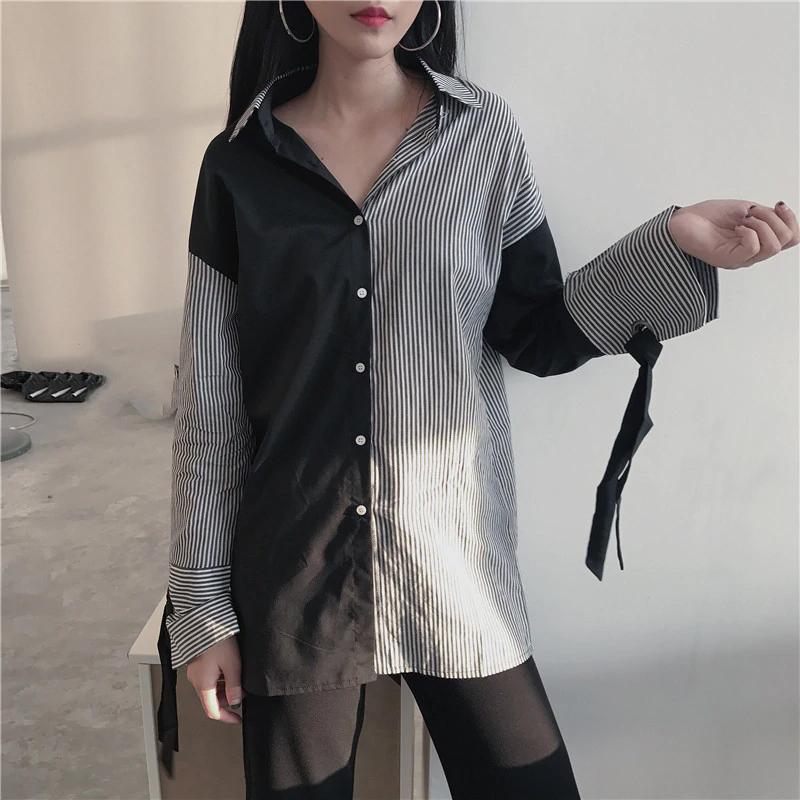 Vintage gestreiftes Patchwork-Bluse-Shirt