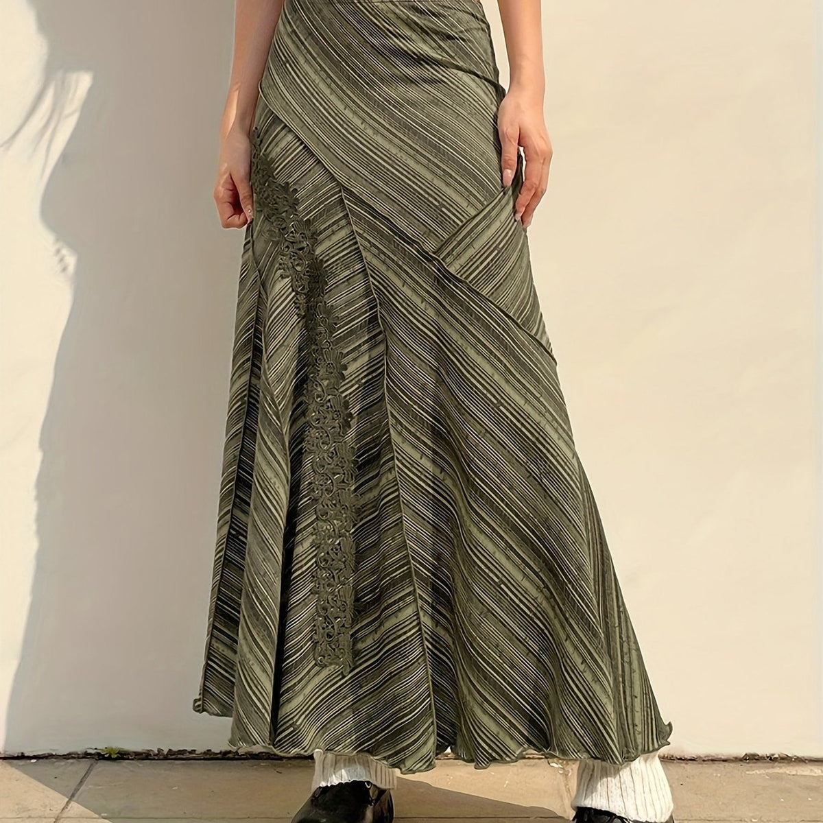 Striped Lace Stitching Skirt, Y2K Ruffle Hem Maxi Skirt, Clothing