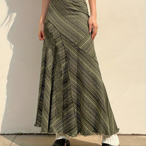 Striped Lace Stitching Skirt, Y2K Ruffle Hem Maxi Skirt, Clothing