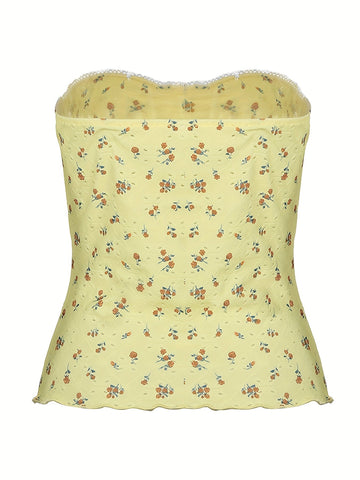 Floral Pattern Eyelet Tube Top, Y2K Ruched Strapless Slim Top For & Summer, Clothing