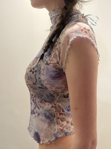 Rustic Retro Floral Mesh T-shirt Y2K Pleated Lace Contrast Color Weft Lanyard Bow Short Top French Style