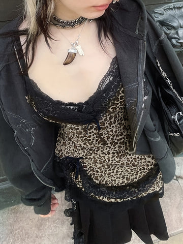 Y2K Leopard Print Cami Top with Lace Trim and Bow Detail, V-Neck, Polyester Blend - Stylish Tank