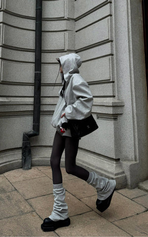 Grey Hoodie 3-Piece Set with Contrast Trim Shorts and Leg Warmers