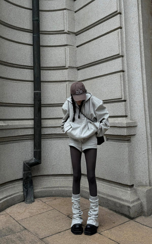 Grey Hoodie 3-Piece Set with Contrast Trim Shorts and Leg Warmers