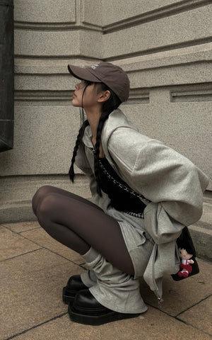 Grey Hoodie 3-Piece Set with Contrast Trim Shorts and Leg Warmers