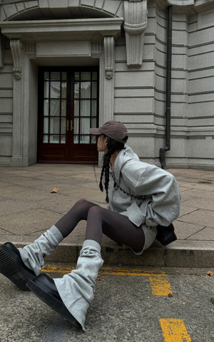 Grey Hoodie 3-Piece Set with Contrast Trim Shorts and Leg Warmers