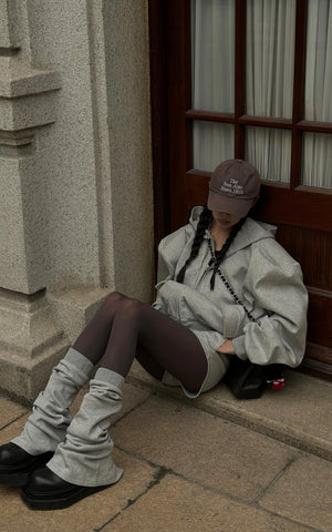 Grey Hoodie 3-Piece Set with Contrast Trim Shorts and Leg Warmers