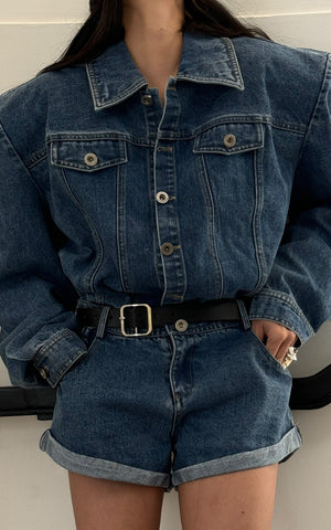 Blue Denim Shoulder-Pad Romper