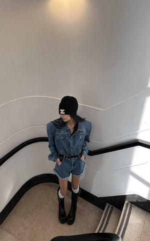 Blue Denim Shoulder-Pad Romper