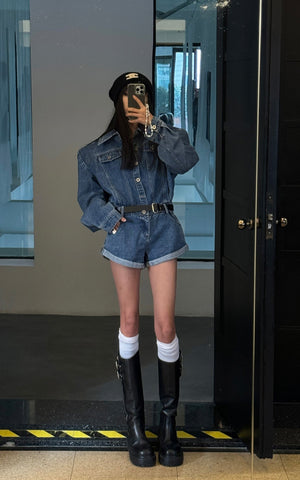 Blue Denim Shoulder-Pad Romper