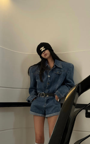 Blue Denim Shoulder-Pad Romper