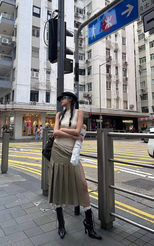 Asymmetrical vest with skirt & pleated skirt set