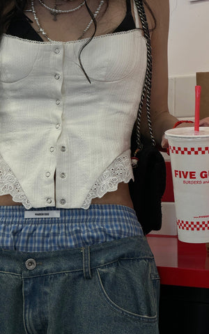 Oversized Denim Trousers with Plaid Dual Waistband Design