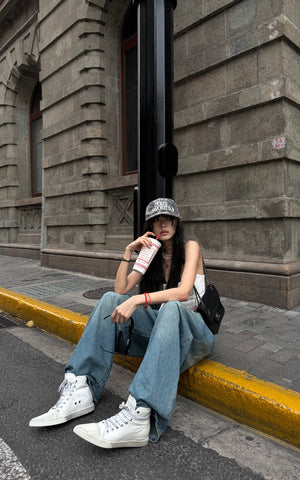 Oversized Denim Trousers with Plaid Dual Waistband Design