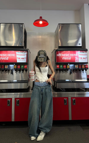 Oversized Denim Trousers with Plaid Dual Waistband Design