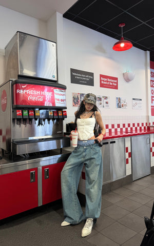 Oversized Denim Trousers with Plaid Dual Waistband Design