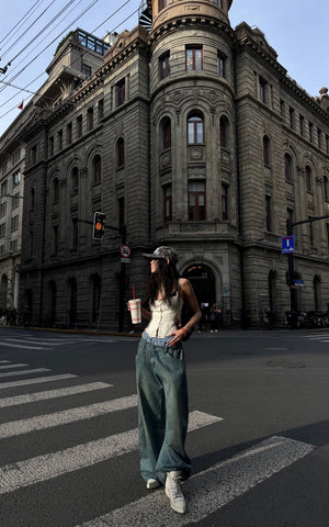 Oversized Denim Trousers with Plaid Dual Waistband Design