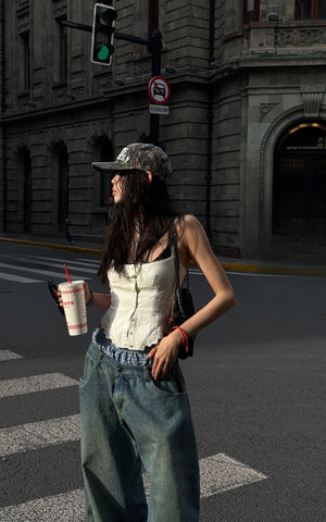 Oversized Denim Trousers with Plaid Dual Waistband Design