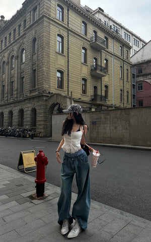 Oversized Denim Trousers with Plaid Dual Waistband Design