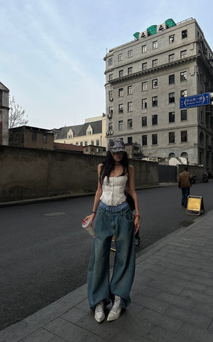 Oversized Denim Trousers with Plaid Dual Waistband Design