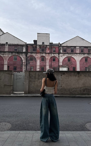 Oversized Denim Trousers with Plaid Dual Waistband Design
