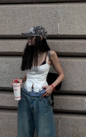 Oversized Denim Trousers with Plaid Dual Waistband Design
