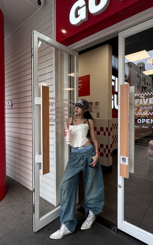 Oversized Denim Trousers with Plaid Dual Waistband Design