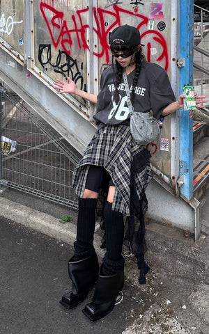 Asymmetrical Plaid Skirt with Lace Paneling