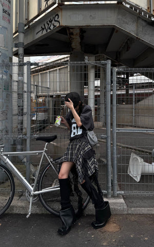 Asymmetrical Plaid Skirt with Lace Paneling