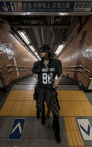 Asymmetrical Plaid Skirt with Lace Paneling