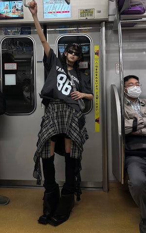 Asymmetrical Plaid Skirt with Lace Paneling