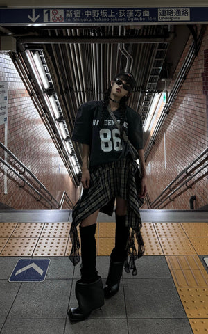 Asymmetrical Plaid Skirt with Lace Paneling