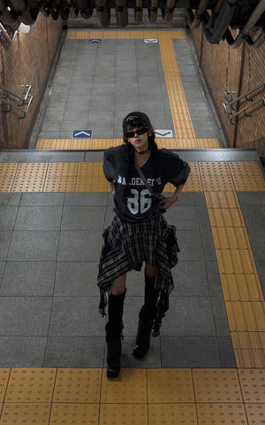 Asymmetrical Plaid Skirt with Lace Paneling