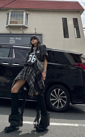 Asymmetrical Plaid Skirt with Lace Paneling