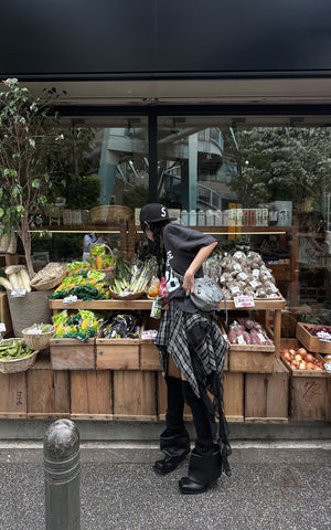 Asymmetrical Plaid Skirt with Lace Paneling